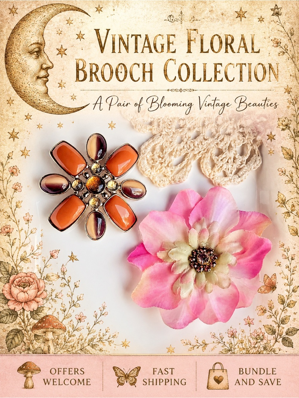 Vintage Floral Brooch Set Pink Flower & Amber Gemstone Pins